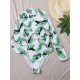 Floral Print Long Sleeve Hollow Zipper One-Piece Swimwear Floral Print Long Sleeve Hollow Zipper One-Piece Swimwear