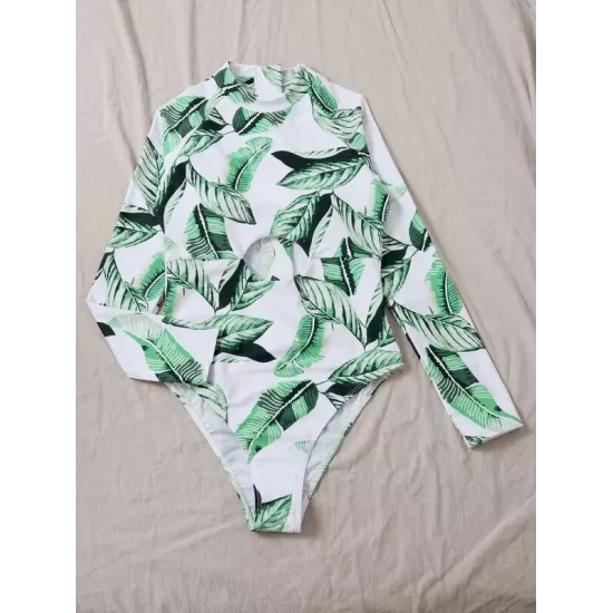 Floral Print Long Sleeve Hollow Zipper One-Piece Swimwear Floral Print Long Sleeve Hollow Zipper One-Piece Swimwear