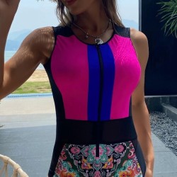Printed Zipper Sleeveless Contrast Color Swimsuits