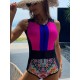 Printed Zipper Sleeveless Contrast Color Swimsuits Printed Zipper Sleeveless Contrast Color Swimsuits