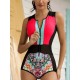 Printed Zipper Sleeveless Contrast Color Swimsuits Printed Zipper Sleeveless Contrast Color Swimsuits