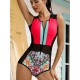 Printed Zipper Sleeveless Contrast Color Swimsuits Printed Zipper Sleeveless Contrast Color Swimsuits
