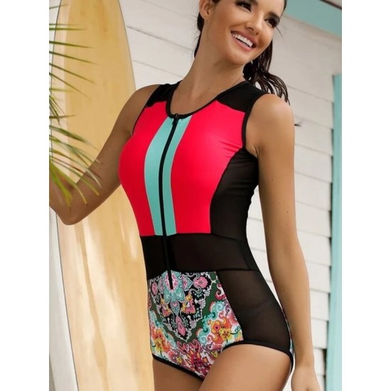 Printed Zipper Sleeveless Contrast Color Swimsuits Printed Zipper Sleeveless Contrast Color Swimsuits