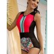 Printed Zipper Sleeveless Contrast Color Swimsuits Printed Zipper Sleeveless Contrast Color Swimsuits