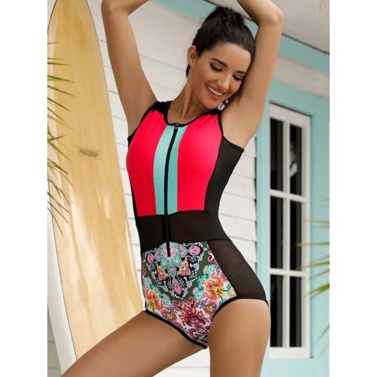 Printed Zipper Sleeveless Contrast Color Swimsuits Printed Zipper Sleeveless Contrast Color Swimsuits