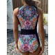 Printed Zipper Sleeveless Contrast Color Swimsuits Printed Zipper Sleeveless Contrast Color Swimsuits