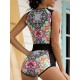Printed Zipper Sleeveless Contrast Color Swimsuits Printed Zipper Sleeveless Contrast Color Swimsuits