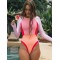 Long Sleeves Color-Block Floral Printed Zipper One-Piece Swimwear