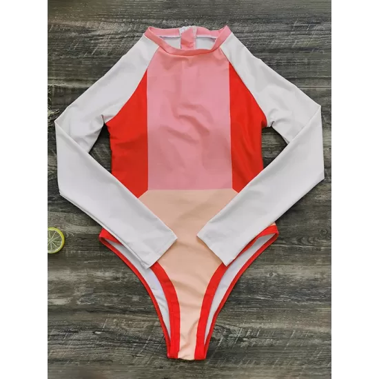 Long Sleeves Color-Block Floral Printed Zipper One-Piece Swimwear Long Sleeves Color-Block Floral Printed Zipper One-Piece Swimwear