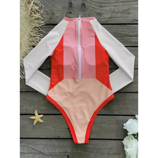 Long Sleeves Color-Block Floral Printed Zipper One-Piece Swimwear Long Sleeves Color-Block Floral Printed Zipper One-Piece Swimwear