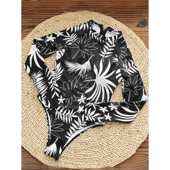 Long Sleeves Color-Block Floral Printed Zipper One-Piece Swimwear Long Sleeves Color-Block Floral Printed Zipper One-Piece Swimwear