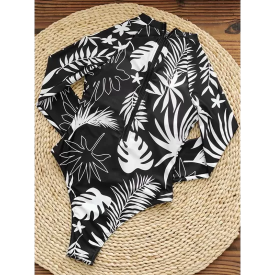 Long Sleeves Color-Block Floral Printed Zipper One-Piece Swimwear Long Sleeves Color-Block Floral Printed Zipper One-Piece Swimwear