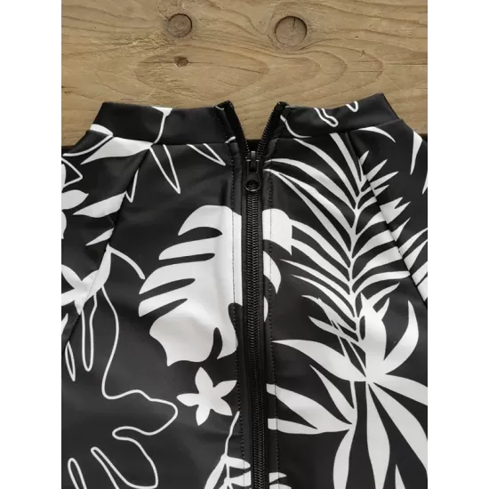 Long Sleeves Color-Block Floral Printed Zipper One-Piece Swimwear Long Sleeves Color-Block Floral Printed Zipper One-Piece Swimwear