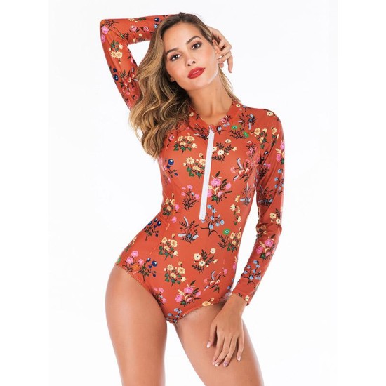 Floral Printed Zipper Collar Wetsuit Floral Printed Zipper Collar Wetsuit