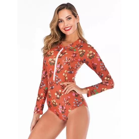 Floral Printed Zipper Collar Wetsuit Floral Printed Zipper Collar Wetsuit