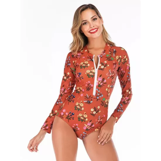 Floral Printed Zipper Collar Wetsuit Floral Printed Zipper Collar Wetsuit