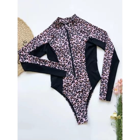 Leopard-Print Zipper Long Sleeves Wetsuit Leopard-Print Zipper Long Sleeves Wetsuit