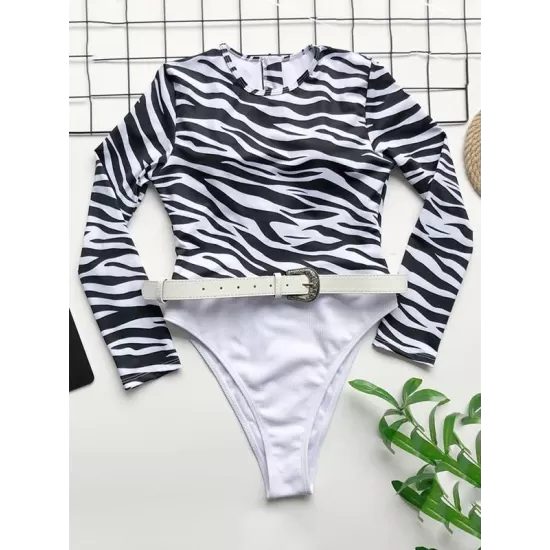 Zebra Print Split-Joint Belted Wetsuit Zebra Print Split-Joint Belted Wetsuit
