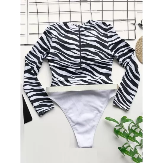 Zebra Print Split-Joint Belted Wetsuit Zebra Print Split-Joint Belted Wetsuit