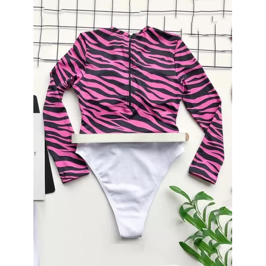 Zebra Print Split-Joint Belted Wetsuit Zebra Print Split-Joint Belted Wetsuit