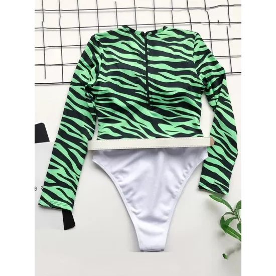 Zebra Print Split-Joint Belted Wetsuit Zebra Print Split-Joint Belted Wetsuit