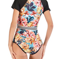 Floral-Print Split-Joint Short Sleeve One-Piece Wetsuit