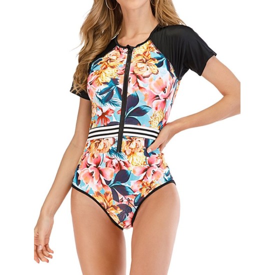 Floral-Print Split-Joint Short Sleeve One-Piece Wetsuit Floral-Print Split-Joint Short Sleeve One-Piece Wetsuit