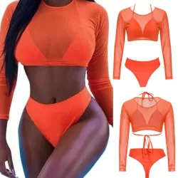 Solid Color Triangles +Long Sleeve Wetsuit Three-Piece Set