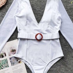 Solid Color Long Sleeve Split-Joint Belted One-Piece Wetsuit