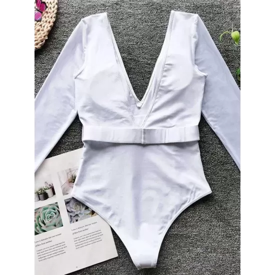 Solid Color Long Sleeve Split-Joint Belted One-Piece Wetsuit Solid Color Long Sleeve Split-Joint Belted One-Piece Wetsuit