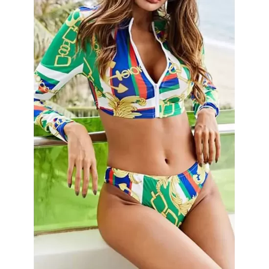 Abstract Printed Long Sleeve Zipper Split Wetsuit+Scarf Abstract Printed Long Sleeve Zipper Split Wetsuit+Scarf
