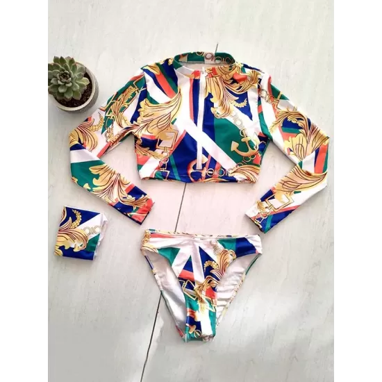 Abstract Printed Long Sleeve Zipper Split Wetsuit+Scarf Abstract Printed Long Sleeve Zipper Split Wetsuit+Scarf
