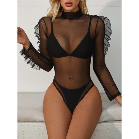 Black Triangles Split Bikini Swimsuit +See-Through Puff Sleeves High-Neck Wetsuit Black Triangles Split Bikini Swimsuit +See-Through Puff Sleeves High-Neck Wetsuit