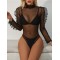 Black Triangles Split Bikini Swimsuit +See-Through Puff Sleeves High-Neck Wetsuit