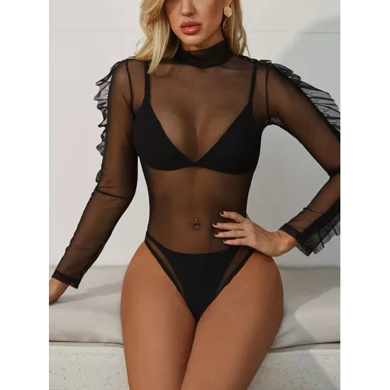Black Triangles Split Bikini Swimsuit +See-Through Puff Sleeves High-Neck Wetsuit Black Triangles Split Bikini Swimsuit +See-Through Puff Sleeves High-Neck Wetsuit