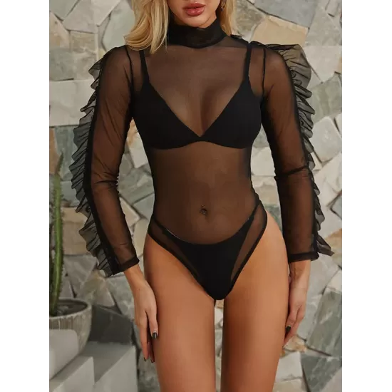 Black Triangles Split Bikini Swimsuit +See-Through Puff Sleeves High-Neck Wetsuit Black Triangles Split Bikini Swimsuit +See-Through Puff Sleeves High-Neck Wetsuit