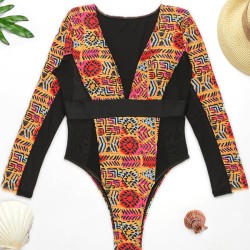 Ethnic Printed Split-Joint See-Through V-Neck One-Piece Wetsuit