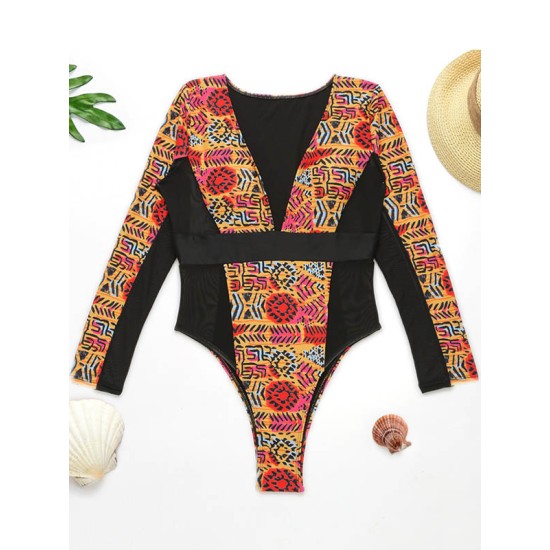 Ethnic Printed Split-Joint See-Through V-Neck One-Piece Wetsuit Ethnic Printed Split-Joint See-Through V-Neck One-Piece Wetsuit