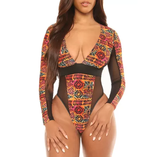 Ethnic Printed Split-Joint See-Through V-Neck One-Piece Wetsuit Ethnic Printed Split-Joint See-Through V-Neck One-Piece Wetsuit