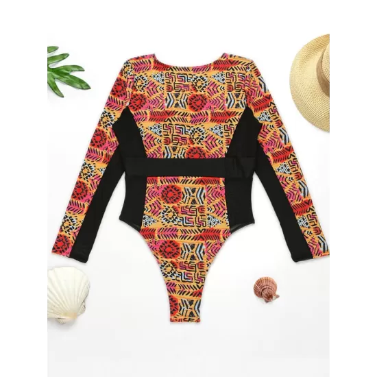 Ethnic Printed Split-Joint See-Through V-Neck One-Piece Wetsuit Ethnic Printed Split-Joint See-Through V-Neck One-Piece Wetsuit