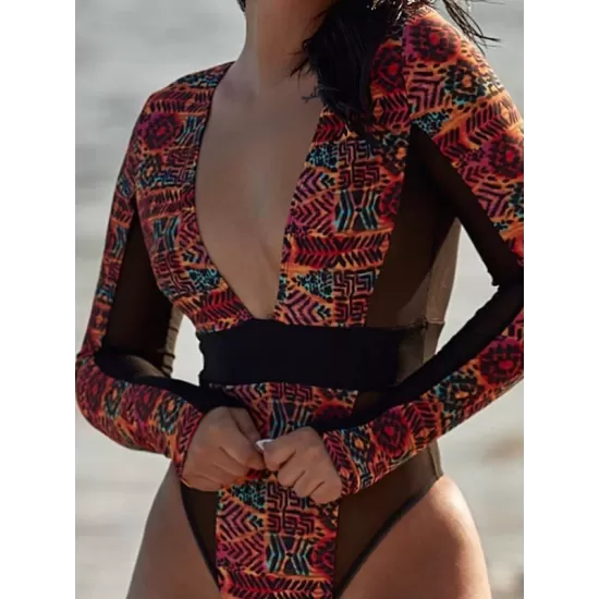 Ethnic Printed Split-Joint See-Through V-Neck One-Piece Wetsuit Ethnic Printed Split-Joint See-Through V-Neck One-Piece Wetsuit