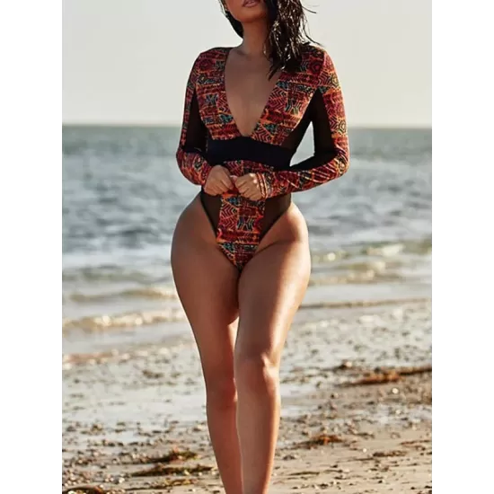 Ethnic Printed Split-Joint See-Through V-Neck One-Piece Wetsuit Ethnic Printed Split-Joint See-Through V-Neck One-Piece Wetsuit