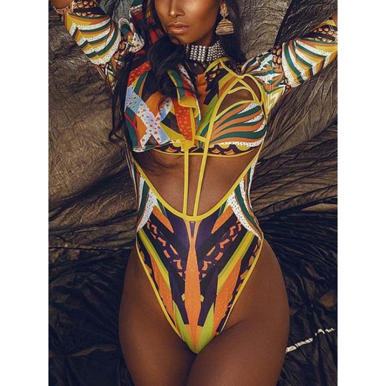 African Totem Print Split-Joint Hollow One-Piece Swimwear African Totem Print Split-Joint Hollow One-Piece Swimwear