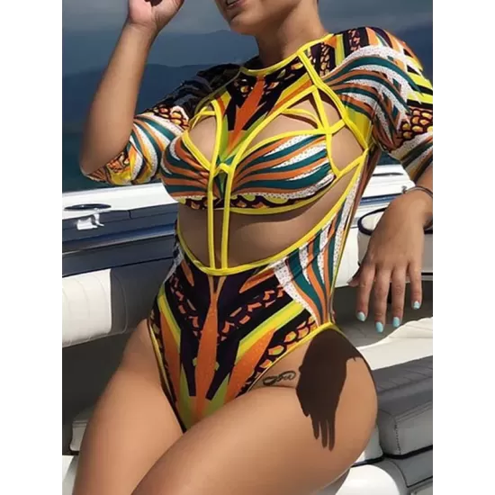 African Totem Print Split-Joint Hollow One-Piece Swimwear African Totem Print Split-Joint Hollow One-Piece Swimwear