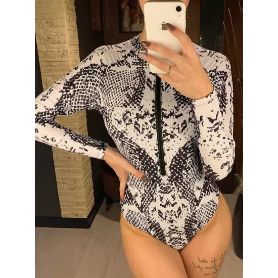 Animal Print High-Neck Zipper Long Sleeve One-Piece Wetsuit Animal Print High-Neck Zipper Long Sleeve One-Piece Wetsuit
