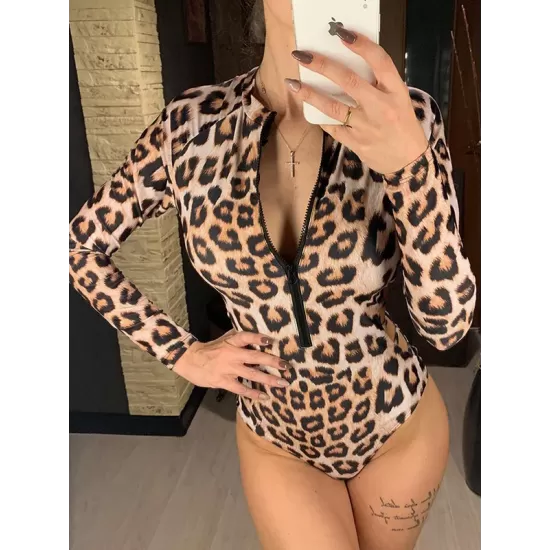 Animal Print High-Neck Zipper Long Sleeve One-Piece Wetsuit Animal Print High-Neck Zipper Long Sleeve One-Piece Wetsuit