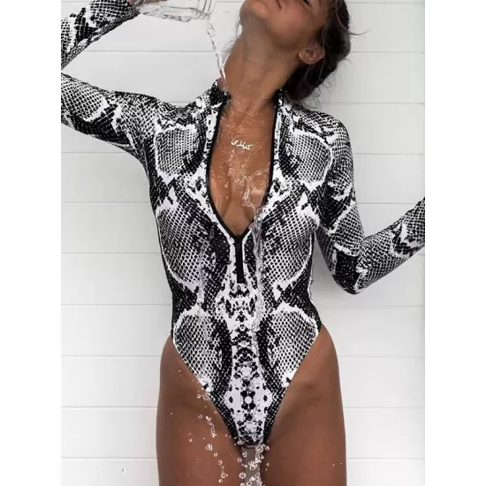 Animal Print High-Neck Zipper Long Sleeve One-Piece Wetsuit Animal Print High-Neck Zipper Long Sleeve One-Piece Wetsuit