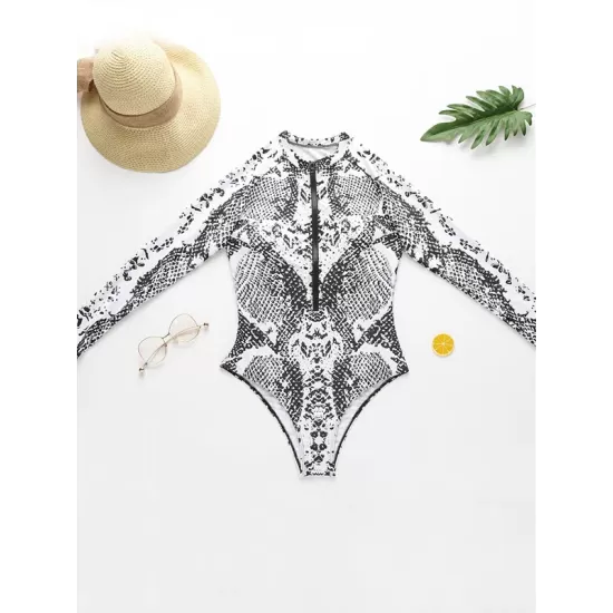 Animal Print High-Neck Zipper Long Sleeve One-Piece Wetsuit Animal Print High-Neck Zipper Long Sleeve One-Piece Wetsuit