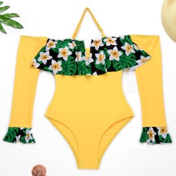 Floral-Print Split-Joint Falbala Off-The-Shoulder Long Sleeve One-Piece Wetsuit
