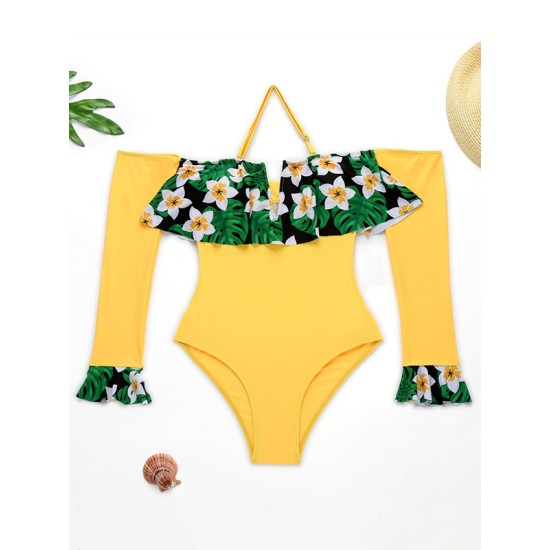 Floral-Print Split-Joint Falbala Off-The-Shoulder Long Sleeve One-Piece Wetsuit Floral-Print Split-Joint Falbala Off-The-Shoulder Long Sleeve One-Piece Wetsuit
